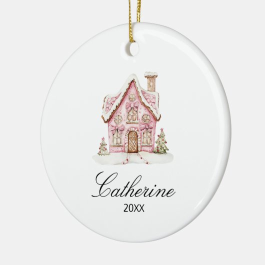 Pink Gingerbread House Christmas Custom Name Keramisch Ornament (Links)