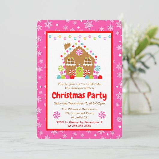 Pink Gingerbread House Christmas Party Kaart (Staand voorkant)
