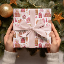 Pink Gingerbread House Christmas Wrapping Paper