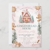 Pink Gingerbread House Decorating Party Invitation Kaart (Voorkant)