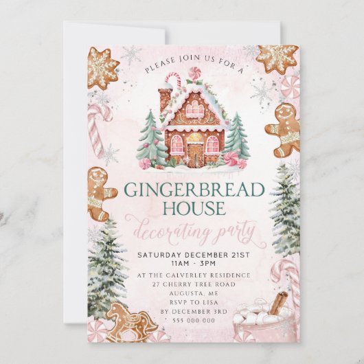 Pink Gingerbread House Decorating Party Invitation Kaart (Voorkant)