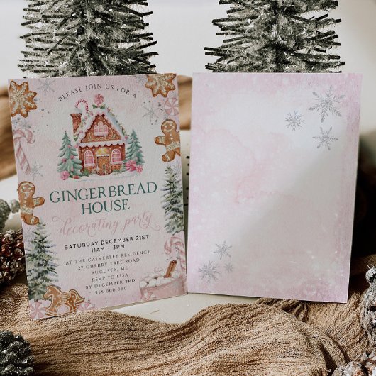Pink Gingerbread House Decorating Party Invitation Kaart