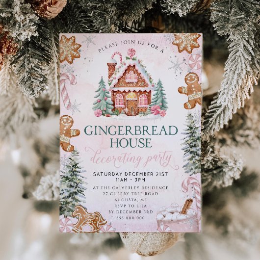 Pink Gingerbread House Decorating Party Invitation Kaart