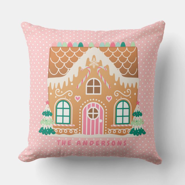 Pink Gingerbread House | Gepersonaliseerd Kussen (Voorkant)