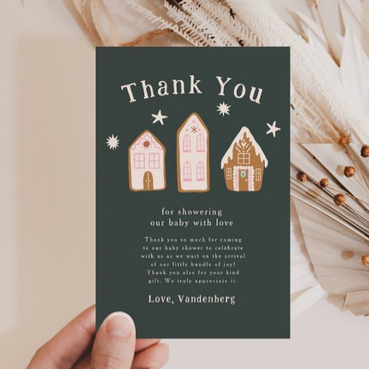 Pink Gingerbread House Holiday Baby Shower Bedankkaart