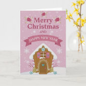 Pink Gingerbread House Merry Christmas Card Kaart (Gele Bloem)