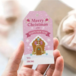 Pink Gingerbread House Merry Christmas Gift Tag Cadeaulabel