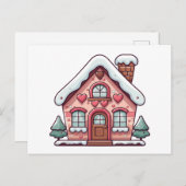 Pink Gingerbread House with Hearts Feestdagenkaart (Voorkant / Achterkant)