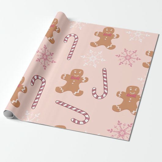 PINK GINGERBREAD MEN CHRISTMAS CADEAUPAPIER (Uitgerold)