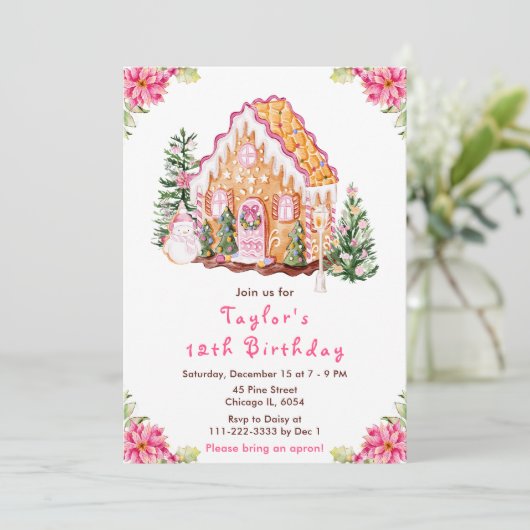 Pink Gingerbrood House Birthday Party Kaart (Staand voorkant)