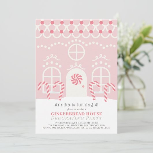 Pink Gingerbrood House Decorting Birthday Party Kaart (Staand voorkant)