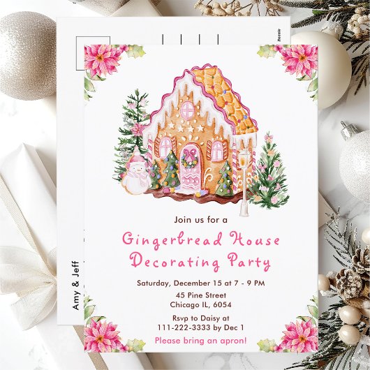 Pink Gingerbrood House Decorting Party Briefkaart