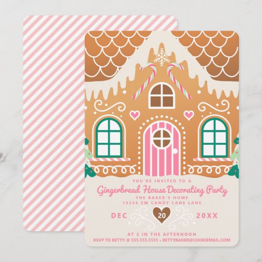 Pink Gingerbrood House Decorting Party Kaart (Voorkant / Achterkant)