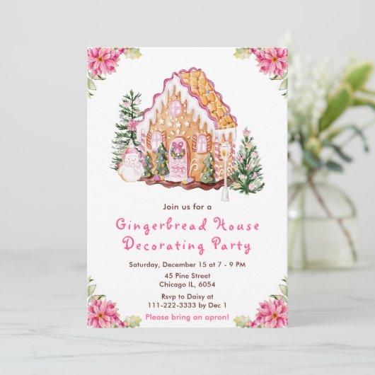 Pink Gingerbrood House Decorting Party Kaart (Staand voorkant)