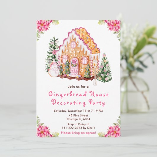 Pink Gingerbrood House Decorting Party Kaart (Staand voorkant)