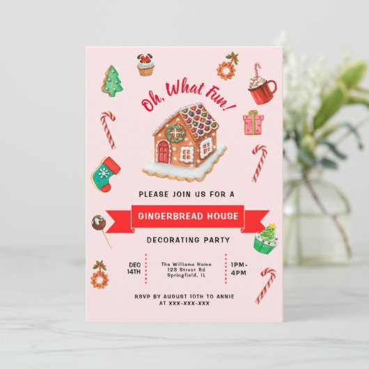 Pink Gingerbrood House Decorting Party Kaart (Staand voorkant)