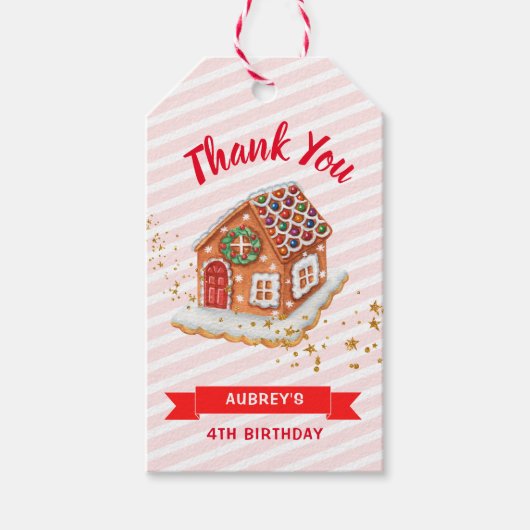 Pink Gingerbrood Huis Kerstmis Dank je wel Cadeaulabel (Voorkant)