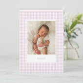 Pink Gingham Baby Aankondiging Kaart (Staand voorkant)