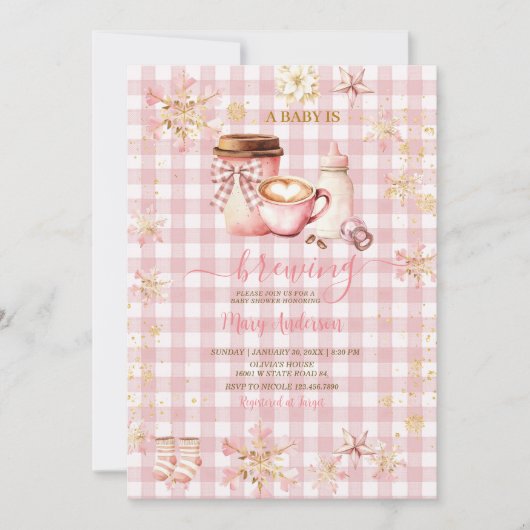 Pink Gingham Baby Is Brewing Winter Baby Shower Kaart (Voorkant)