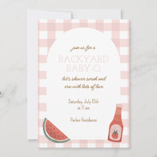 Pink Gingham Baby-Q Baby Shower Invitation Kaart (Voorkant)