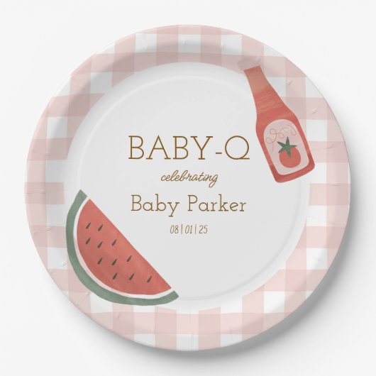 Pink Gingham Baby-Q Circular Plate Papieren Bordje (Voorkant)