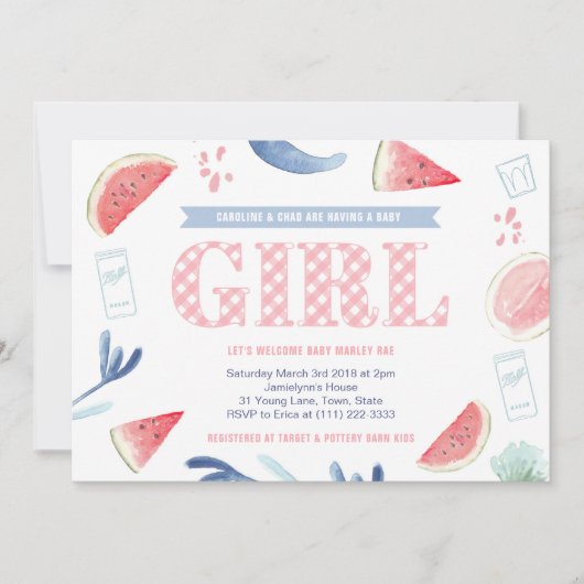 Pink Gingham Baby-q Couples Baby shower voor meisj Kaart (Voorkant)