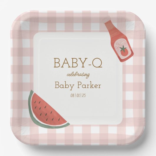 Pink Gingham Baby-Q Square Plate Papieren Bordje (Voorkant)