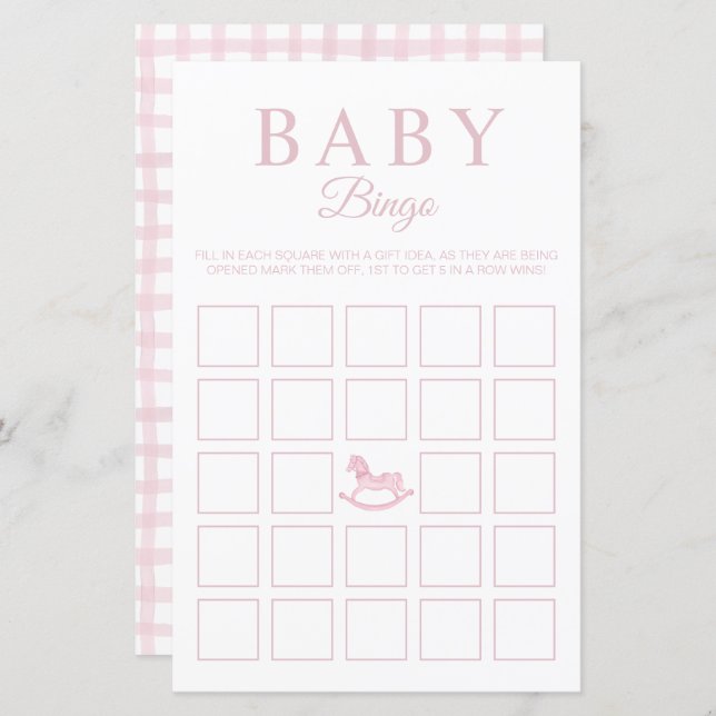 Pink Gingham Baby shower Bingo Game Kaart (Voorkant / Achterkant)