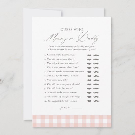 Pink Gingham Baby shower Raad wie mama of papa Kaart (Voorkant)