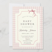 Pink Gingham Baby shower Uitnodiging met boog (Voorkant)
