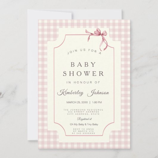 Pink Gingham Baby shower Uitnodiging met boog (Voorkant)
