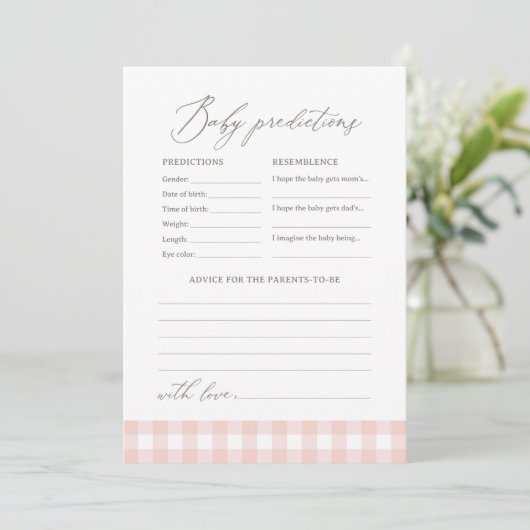 Pink Gingham Baby shower voorspellingen en advies Kaart (Staand voorkant)