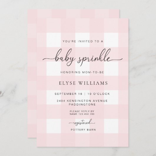 Pink Gingham Baby Sprinkle Kaart (Voorkant / Achterkant)