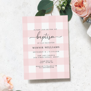 Pink Gingham Baptism Invitation Kaart