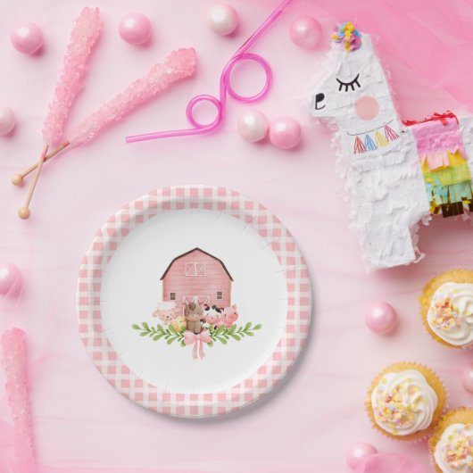 Pink Gingham Barnyard Verjaardagspapier Borden Papieren Bordje (Feest)