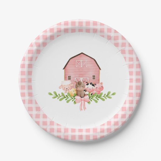 Pink Gingham Barnyard Verjaardagspapier Borden Papieren Bordje (Voorkant)