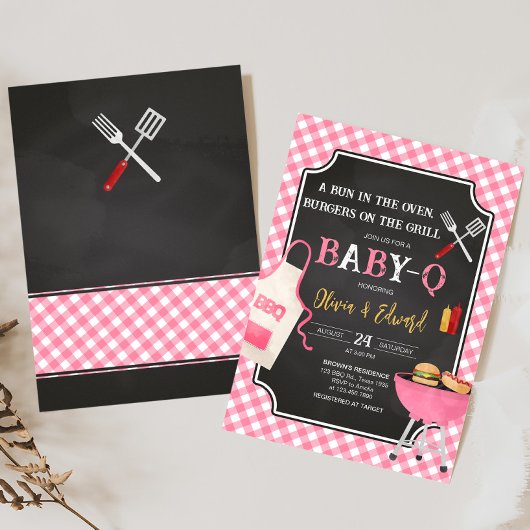 Pink Gingham BBQ Baby shower Kaart