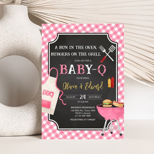 Pink Gingham BBQ Baby shower Kaart