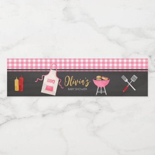 Pink Gingham BBQ Baby shower Waterfles Etiket (Enkel label)