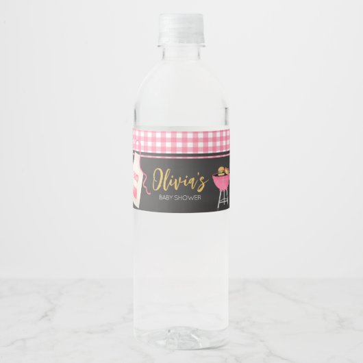 Pink Gingham BBQ Baby shower Waterfles Etiket (Voorkant)