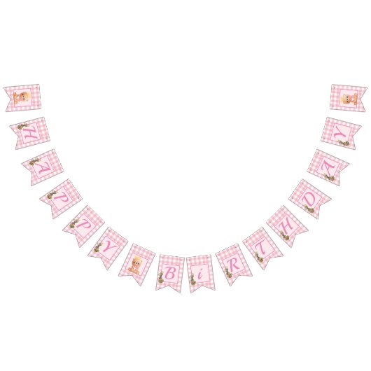 Pink Gingham Beer welp Happy Birthday Vlaggetjes (Alle)