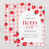 Pink Gingham Berry Eerste Verjaardag Aardbei Meisj Kaart (Voorkant / Achterkant)