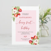 Pink Gingham Berry Eerste Verjaardag Meisje Kaart (Staand voorkant)