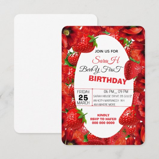 Pink Gingham Berry eerste verjaardag uitnodigingst Kaart (Voorkant / Achterkant)