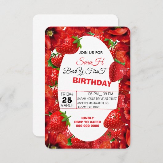 Pink Gingham Berry eerste verjaardag uitnodigingst Save The Date (Voorkant / Achterkant)