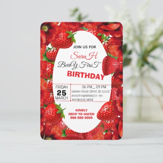 Pink Gingham Berry eerste verjaardag uitnodigingst Save The Date (Staand voorkant)