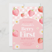 Pink Gingham Berry eerste verjaardagsfeestje Kaart (Voorkant)