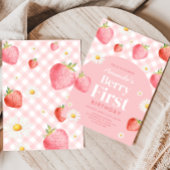 Pink Gingham Berry eerste verjaardagsfeestje Kaart