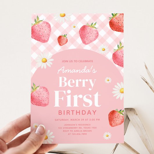 Pink Gingham Berry eerste verjaardagsfeestje Kaart