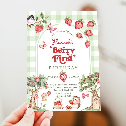 Pink Gingham Berry First Strawberry 1st Birthday Kaart